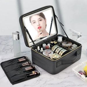 SMART LED Cosmetic Case med spegelresor Makeup Bag Stor kapacitet Kvinnlig kosmetolog hudvårdsprodukt Makeup Fall för kvinnor 240420