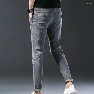 Jeans masculinos cinza jeans casual fino calça de moda pequena de comprimento