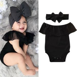 Endelar pudcoco nyfödda flickor kläder från axel romper pannband 2 st-outfit svart spets romper jumpsuit