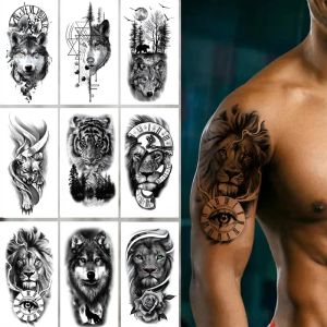 Tattoos 9PCS Waterproof Temporary Tattoo Sticker Forest Lion Tiger Wolf Tattoos Men Small Arm Fake Tattoo for Women Body Art