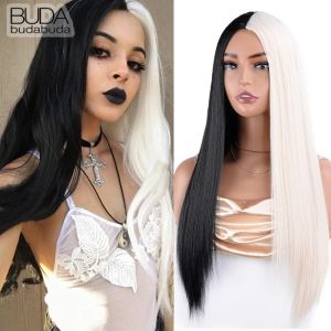 Wigs Half Black Half White Two Tone Cosplay Wig 28Inch Long Straight Bicolor Wigs Hair Middle Parting For Women Daily Party Halloween