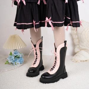 Buty Lolita Cosplay Sweet Mid Calf Ladies Winter 2024 Grube Sole Vross wiązane mieszane kolory platforma botas impreza butów kobiet