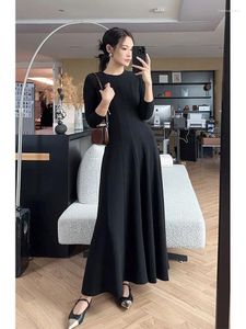 Casual Dresses Black Chic Long Sleeve Party Dress Autumn Slim O-neck Solid Color Women Simple Elegant Office Ladies Y2k