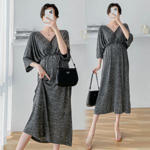 Supplies Summer Fashion Maternity Clothes Plus Size Elegant High Waist VNeck Pregnant Woman Nursing Dress Backless Loose Pregnancy Dress