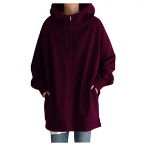 Women's Jackets Womens Sweatshirts Tall Length Solid Color Zippered Hooded Longline Fleece Lined Streetwear Pullover Sweater Zip