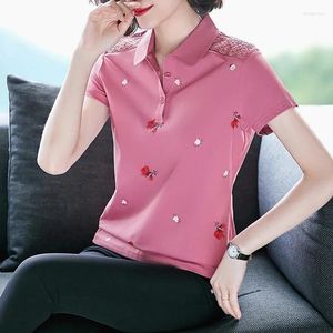 Women's Polos Summer Lace Turn Down Collar Cotton T Shirt Women Tops Casual Printed T-shirt For Geek Chic Short Sleeve Polo