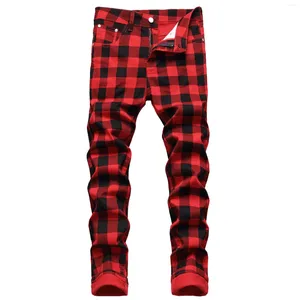 Men's Jeans Y2K Autumn Slim Fit Plaid Printed Hip Hop Streetwear Harajuku Red Fashion Stretch Cargo Denim Pants Ropa Hombres