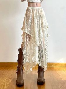 Летняя кружевная асимметричная юбка Fairycore Women Vintage Y2K Boho Эстетическая мода высокая талия Средние юбки Леди Праздничные наряды 240420