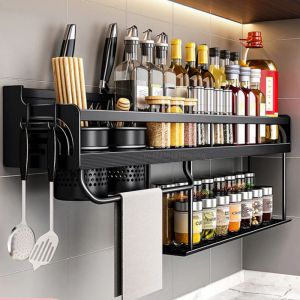 Prateleiras 40/50cm DoubleLayer Kitchen Shelf Moundled Spice Storage Racks Punchle Kitchen Kitchen Solder Secuaring Shelf Organizer