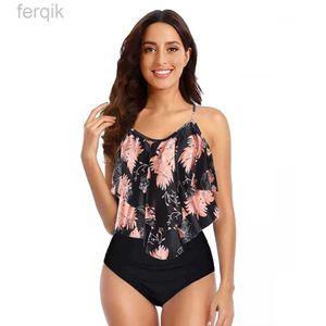 Women's Swimwear 8 Colors Women Ruffled Tankini Set Padded Top With Adjustable Shoulder Straps Elastic Slim Knitted High Waisted Beachwear 2024 d240424