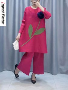 Arbetsklänningar Miyake Kvinnors veckade tvådelar Set 2024 Spring och Autumn Solid Color Flower Print Decorative Long Sleeve Top Wide Leg Pants