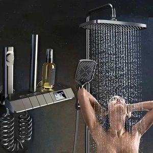 Zestawy prysznicowe łazienki Zestaw kran prysznica łazienki 4 funkcje Digital wyświetlacz prysznic Thermostat gorący zimny prysznic mikserowy ciśnienie wyładowanie miedziane krany T240422