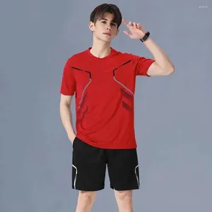 Rousistas masculinos Diário Casual Casual Sportswear Set com calça de camiseta O-shirt shorts de pernas largas estampas listradas de estampa para secagem rápida