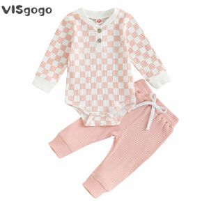 Sets VISgogo 024Months Baby Boys Girls Fall Outfits Long Sleeve Checkerboard Print Bodysuit Solid Color Sweatpants Infant Clothes