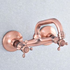 Kitchen Faucets Antique Red Copper Washbasin Faucet Wall Mounted Sink Swivel Spout Bathroom Basin Cold Water Taps Dsf865