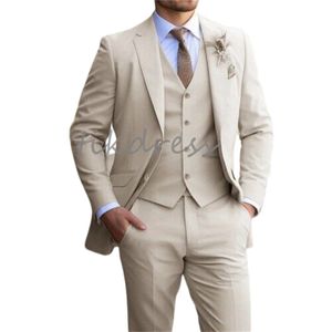 Slim Beige Wedding Tuxedos 2024 Peak Lapel Men Blazers Waistcoat Fitted Groom Men Wedding Suits Causal Prom Bespoke 3 Pieces Korean Bridegroom Male Outfit Suit Chic