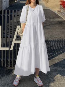 女性のためのドレス夏のソリッド半袖OネックAラインドレス衣料ローブストリートウェアホワイト特大240418