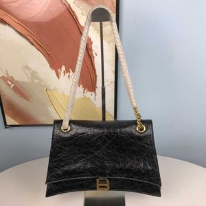 Oil Wax 2024 Leather Hourglass Bag with Explosive Cracks Double Chain B-family High Version Single Shoulder Diagonal Cross Womens