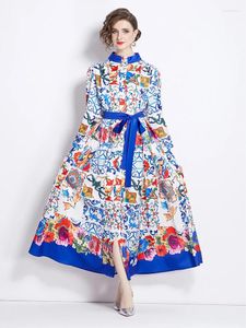 Casual Dresses Holiday Runway Blue and White Porcelain Print Long Robe Dress Women's Stand Collar Lace Up Belt Loose Autumn Maxi Vestidos