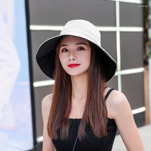 Berets Sun Hat Summer Foldable Bucket For Women Outdoor Sunscreen Cotton Fishing Hunting Cap Anti-UV Wide Brim
