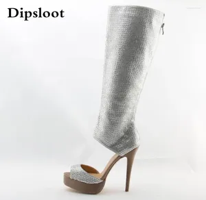 Boots Fashion Women Open Toe Rhinestone High Platform Gladiator Knee Knee Crystal Leel Dress Shoes