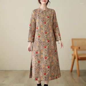 Casual Dresses Ethnic Style Dress for Autumn and Winter 2024 Mother's Clothing Retro Printed Cotton Linen Chinese Qipao Z4045