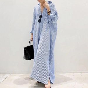 Casual Dresses Loose Fit Dress Elegant Striped Print Maxi For Women Breathable Lapel Shirt Style With Long Sleeves Split Hem Plus Size