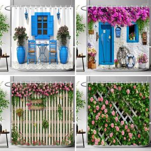 Shower Curtains Outdoor Garden Fence Flower Curtain Rustic Wall Natural Landscape Polyester Fabric Bathroom Decor