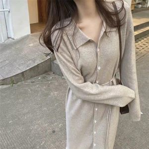 Casual Dresses Fashion Lapel Button Knitted Bandage Bow Midi Dress Women's Clothing 2024 Autumn Oversized Solid Color