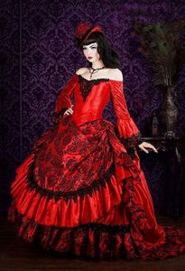 Fantasy mittelalterliche Abschlussball kleidet sich von der Schulter langen Ärmeln schwarz und rot gotisch viktorianische Abendkleider Perlen Quasten Vintage Frauen Cosplay Kostümkleid