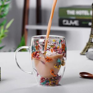 Muggar 1st Creative Double Wall Glass Mug Cup med Dry Flower Sea Snail Conchs Glitters Fillings For Coffee Juice Milk Student Gifts