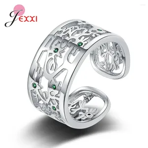 Cluster Rings Trendy Hollow 925 Sterling Silver Open Ring For Women Plant Flower Green Rhineston Cubic Zircon Finger Female Jewelry Gifts