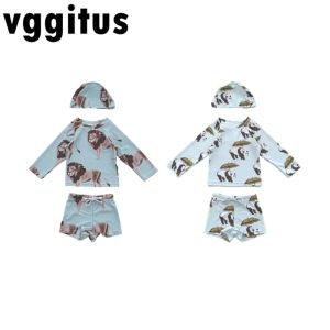 Badkläder Nytt sommartecknad mönster badkläder för pojke UV -skydd långärmad triangulära stammar för barn unisex onepiece baddräkt h6812