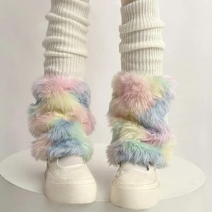 Women Socks Sweet E-Girl 2000s Women's Colorful Fur Trim Knit Ribbed Knee High Harajuku Kawaii Boot Cuffs Cute Long