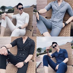 Breasted Double Summer Costume Mariage Homme Black White Grey Blue Stripe Set Reting Uomo Tres de Hombre 201105