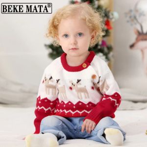 女の子のためのカーディガンクリスマスベビーセーター2021冬の編み幼児の少年服長漫画エルクコットン幼児服