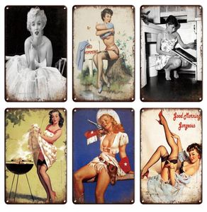 2021 Vintage Sexy Pinup Girl Chuveiro Poster Metal Sign Retro Man Cave Artes da parede Poster Tin Plate Chic Banheiro SILH