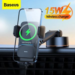 Stands Baseus Car Phone Holder 15W Qi Wireless Charger Automatic Alignment MobilePhone Holder in Car Stand for iPhone Xiaomi Mount