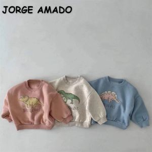 Sweatshirts koreansk stil Ny vårens höst Baby Girl Boy Sweatshirts tecknad dinosaurie rund krage pullover topp spädbarn casual kläder e12067