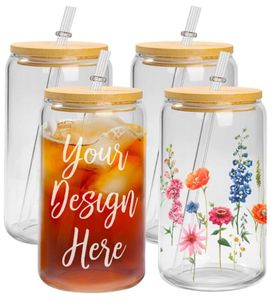 US CA Stock 16oz Sublimation Glass Bier Tassen mit Bambusdeckel Stroh Stroh Bumbler DIY Rohlinge Frosted Clear Can Colls Wärmeübertragung Cocktailbecher Becher i0424