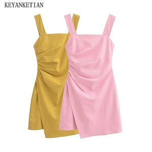 Keyanketian 2024 Womens Asymmetrical Slip Dress Summer Sweet Pleated Decoration Sleeveless Slit Mini Dress Female 240412