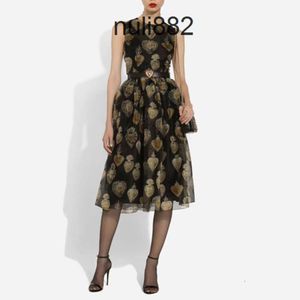 European fashion brand silk black Sacred Heart flower printed sleeveless gathered waist midi dress