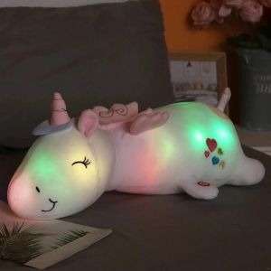 Almofadas 60125cm gigante fofo brilhante LED LED UNICORN Toys de pelúcia adorável travesseiro de animais luminos