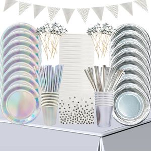 Silver Hindable Tischgeschirr Set Farbplatten Tassen Strohplattenzüchter Erwachsene Geburtstagsfeier Dekorationen Hochzeitsbedarf 240411