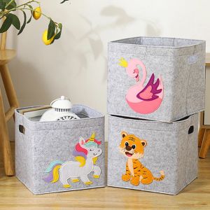 Bins New Cube Folding Embroidery Felt Fabric Storage Box For Cartoon Toys Organizer Home Laundry Basket Clothes Storage Basket