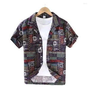 Hunting Jackets Spring Summer Cuban Collar Vintage Short Sleeve Cotton Linen Shirts Hawaiian Print Thin Shirt Men's Comfortable Beach Tops