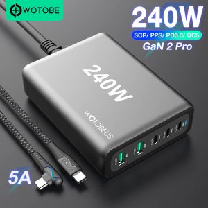 Chargers WOTOBE 240W GAN 2 CARRA ADAPTADOR USBC POWER USBC, 5PORT PD100W PPS 65W 45W QC5 para MacBook iPad iPhone Galaxy Mibook laptop