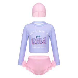 Swimwear Kid Girls Fashion Swimsuit Rash Guard Long Sleeve Letter Print Top with Briefs Swim Hat Swimwear Swimming Bathing Suit Beachwear