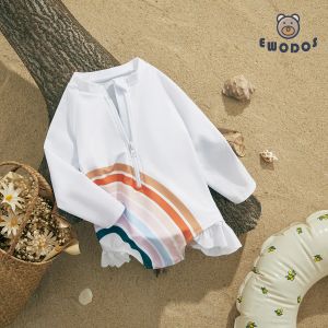 Swimwear EWODOS 27 Years Kids Girls Summer Long Sleeve Sunscreen Swimwear Swimsuit Cute Rainbow Print Zipper Swimsuit Bathing Suits