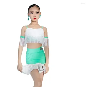 Stage Wear Latin Dance Competition Costume Girls White Fringed Top Green Skirt Kids Samba Dresses Fringe